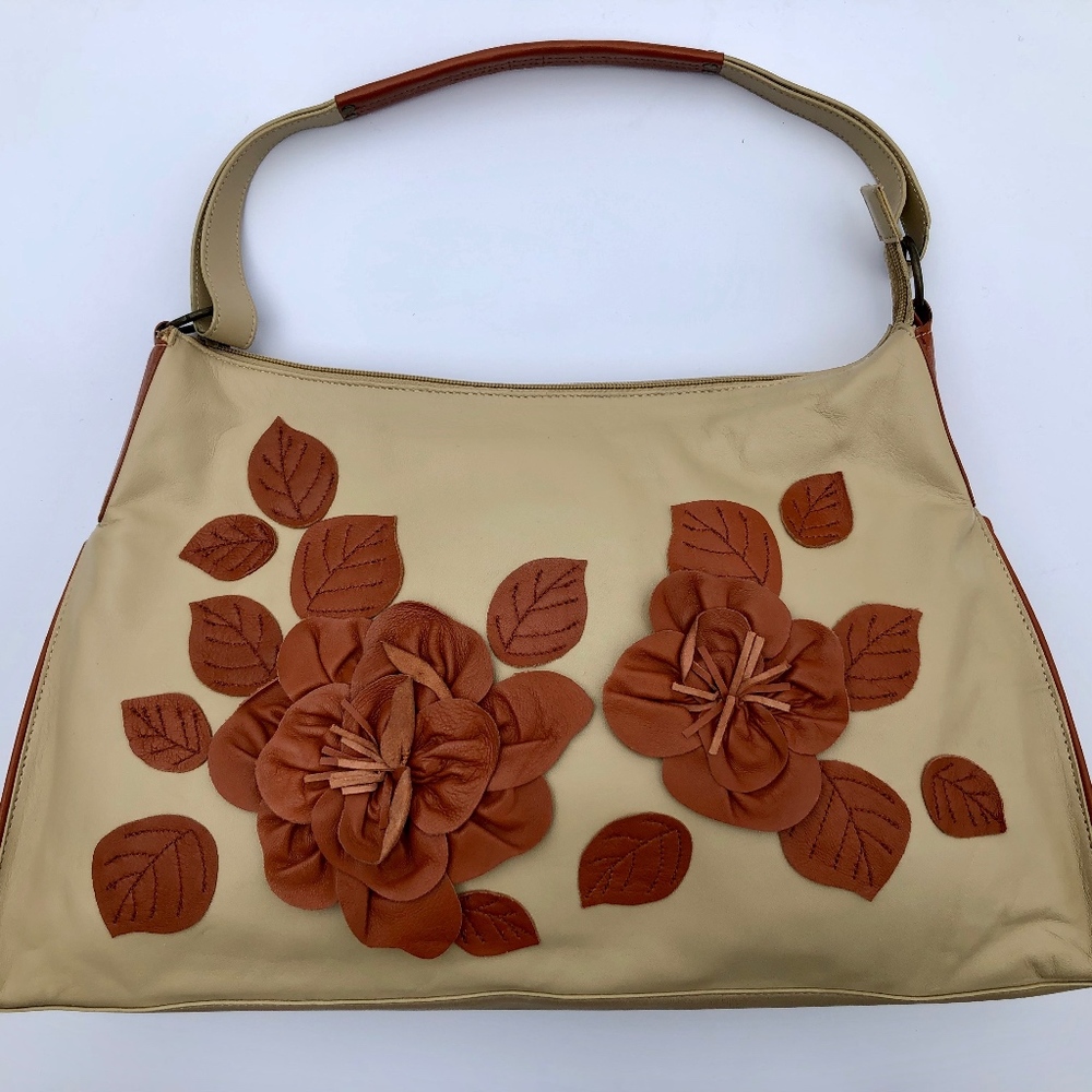 Bloomingdales buttery-soft leather bag w/flowers